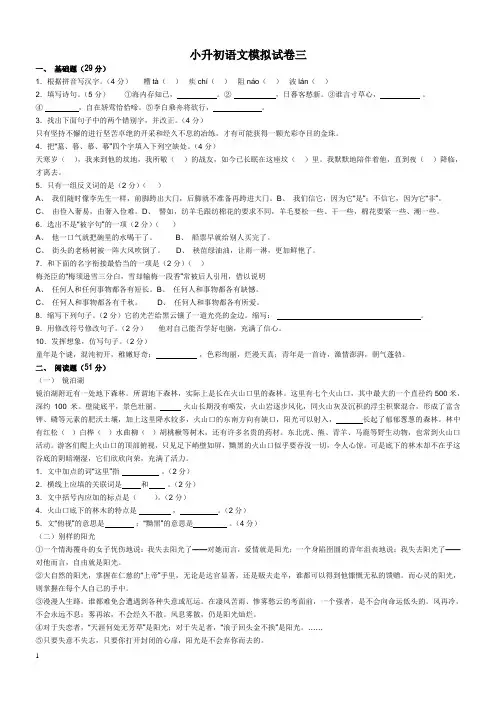 小学毕业班升初语文模拟试卷三201308