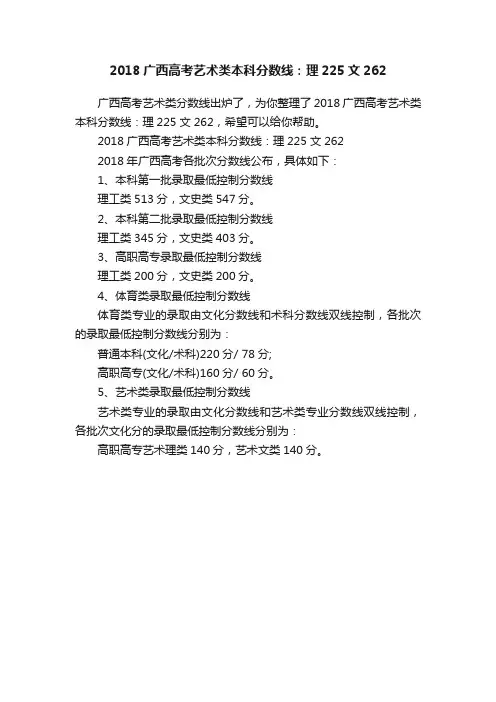 2018广西高考艺术类本科分数线：理225文262