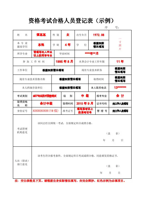 资格考试合格人员登记表(示例)