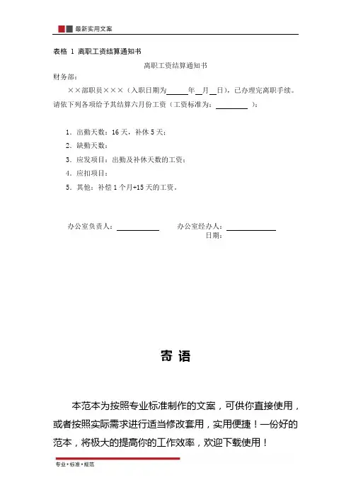 【薪酬管理】离职工资结算通知书