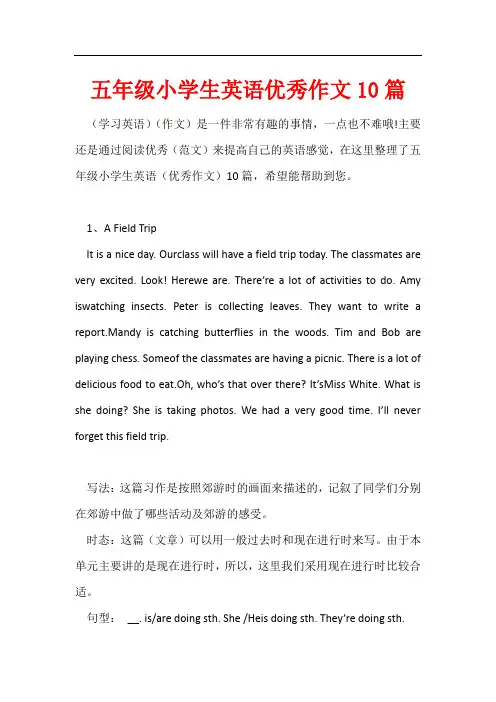 五年级小学生英语优秀作文10篇