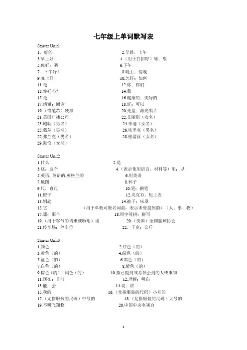 人教版七年级上册英语单词默写表