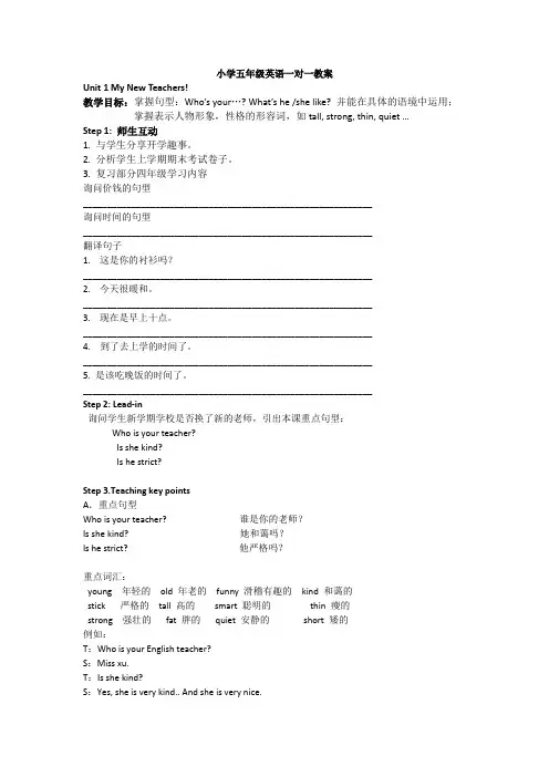 pep小学五年级英语一对一教案