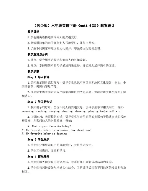 (湘少版)六年级英语下册《unit 6(3)》教案设计