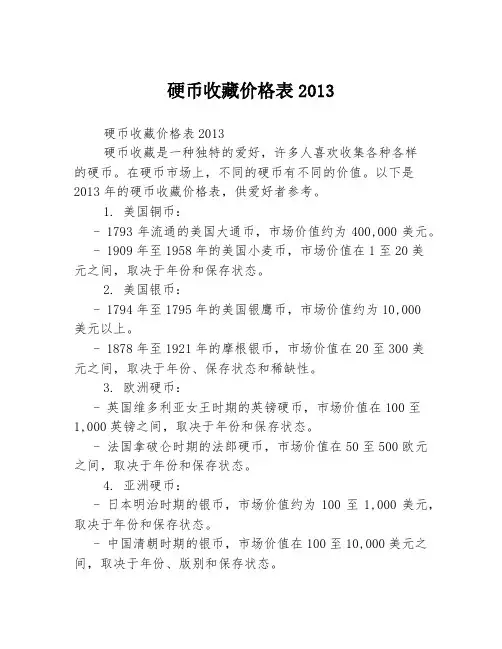硬币收藏价格表2013