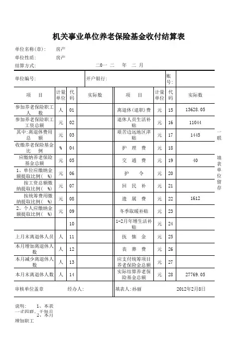 机关事业单位离退休人员领取养老金结算表