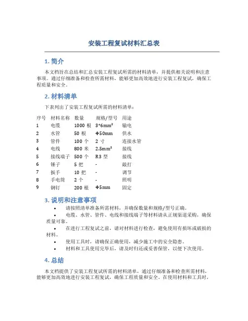 安装工程复试材料汇总表