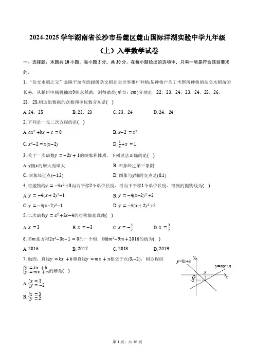 2024-2025学年湖南省长沙市岳麓区麓山国际洋湖实验中学九年级(上)入学数学试卷(含详解)