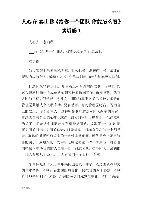 人心齐,泰山移《给你一个团队,你能怎么管》读后感.doc