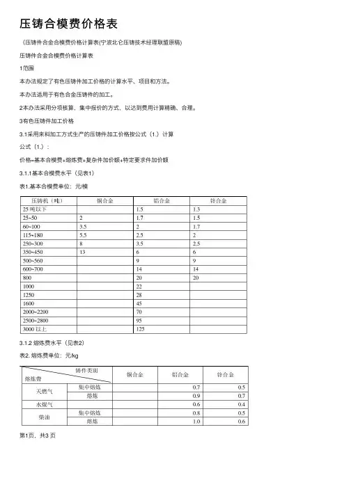 压铸合模费价格表