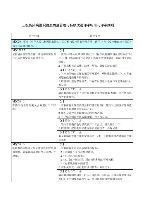 三级传染病医院输血质量管理与持续改进评审标准与评审细则