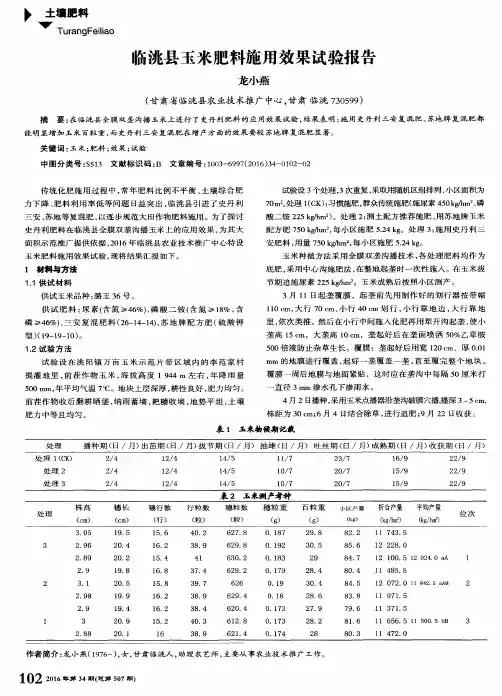 临洮县玉米肥料施用效果试验报告