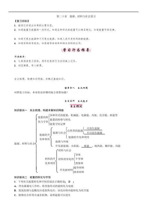 (沪科版)九年级物理下册 第二十章 能源、材料与社会复