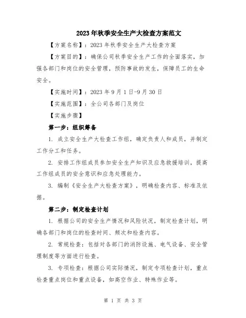 2023年秋季安全生产大检查方案范文