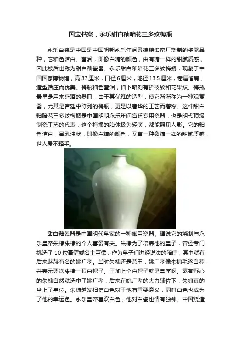 国宝档案，永乐甜白釉暗花三多纹梅瓶