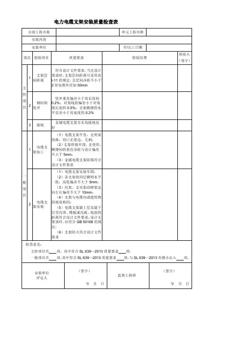 电力电缆支架安装质量检查表