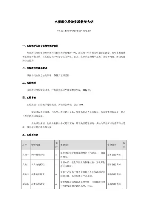 水质理化检验实验教学大纲