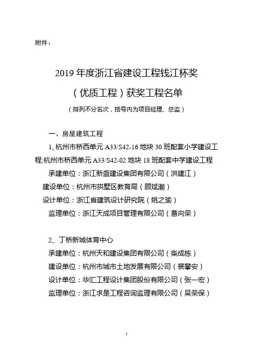 2019年度浙江省建设工程钱江杯奖(优质工程)获奖工程名单