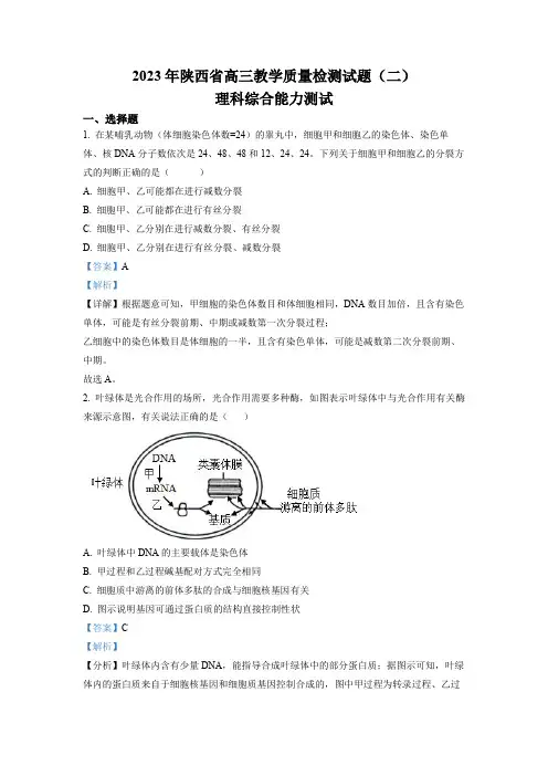 2023届陕西省高三教学质量检测理综生物试题(二)(解析版)