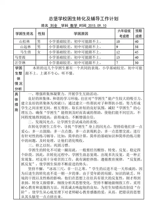 学困生辅导记录2015.09