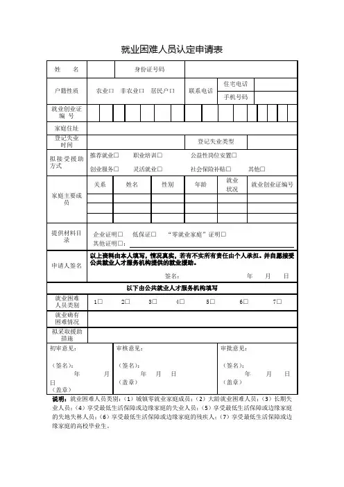 就业困难人员认定申请表