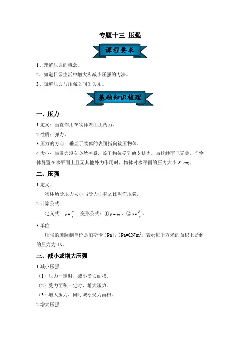 备考2021年中考物理一轮复习学案专题十三 压强