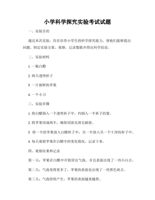 小学科学探究实验考试试题