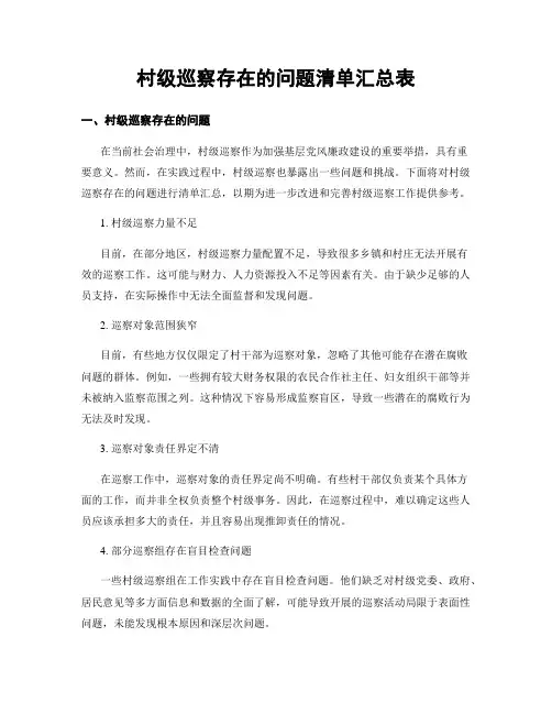村级巡察存在的问题清单汇总表