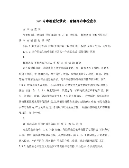 ISO内审检查记录表--仓储部内审检查表