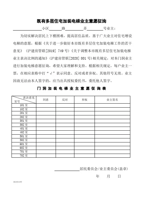 1、既有多层住宅加装电梯意愿征询