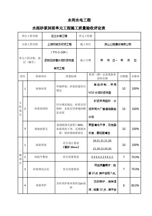 浆砌石挡墙水泥砂浆抹面单元工程质量评定表
