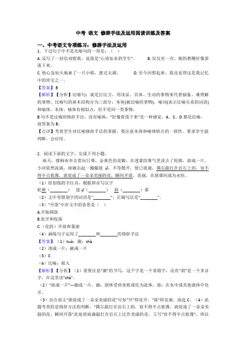中考 语文 修辞手法及运用阅读训练及答案