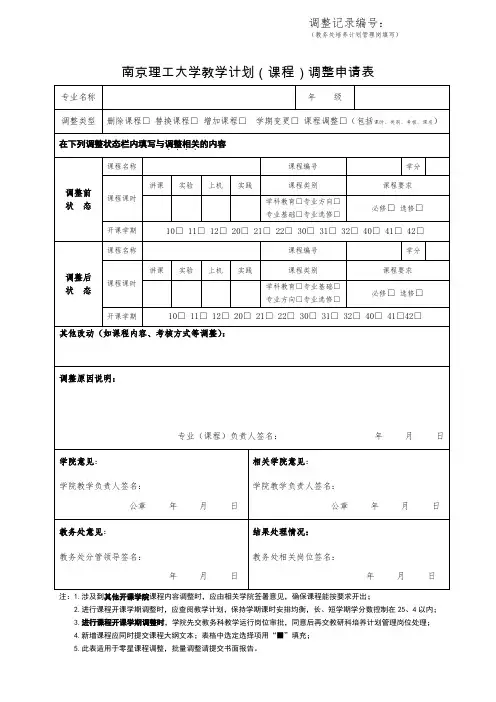 南京理工大学教学计划课程调整申请表
