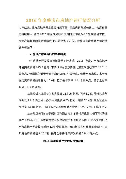 2016年度肇庆市房地产运行情况分析