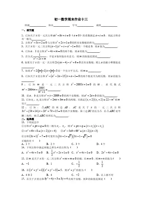 2021-2022学年上海市民办华育中学七年级数学下学期周末作业(周周练)十三