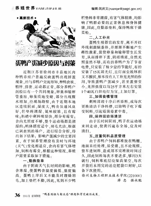 蛋鸭产蛋减少原因与对策