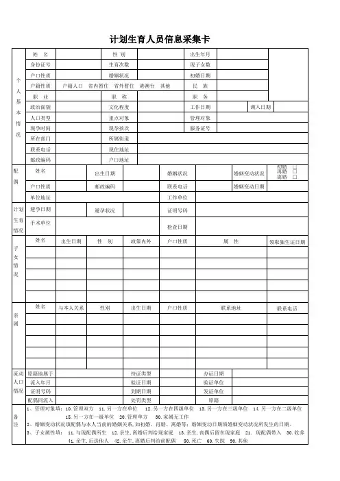 计划生育人员信息采集卡