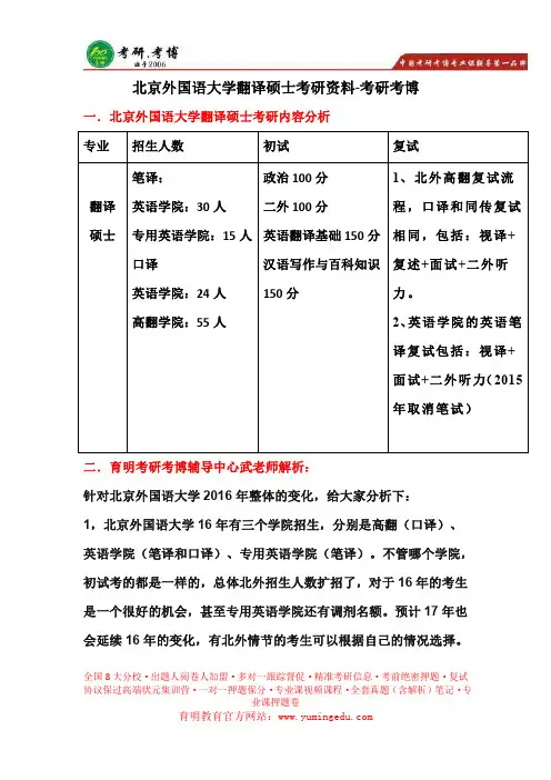 北京外国语大学翻译硕士 考研大纲、分数线、复试参考书