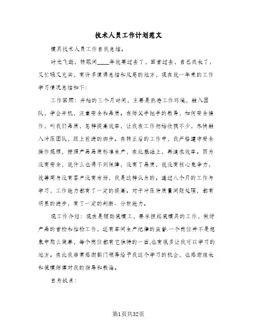 技术人员工作计划范文（五篇）