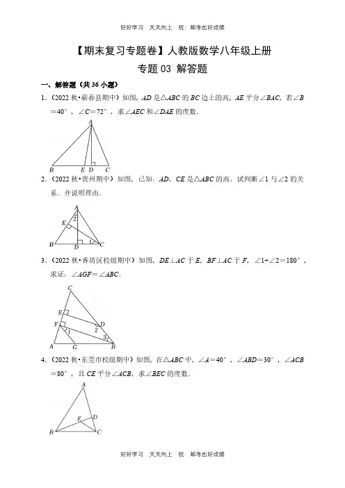 【期末复习专题卷】人教版数学八年级上册专题03 解答题测试试卷(含答案)