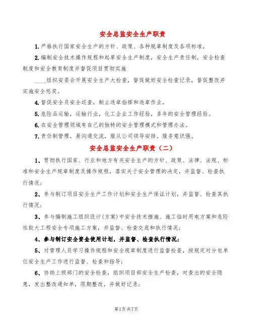 安全总监安全生产职责(8篇)