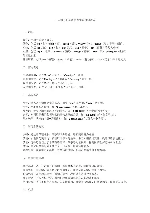 一年级上册英语重点知识归纳总结