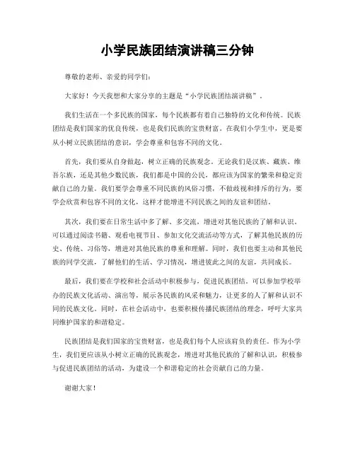 小学民族团结演讲稿三分钟