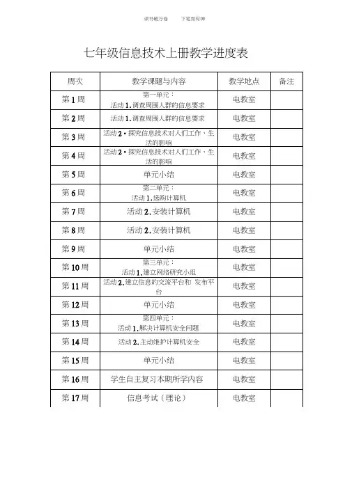 七年级信息技术上册教学进度表