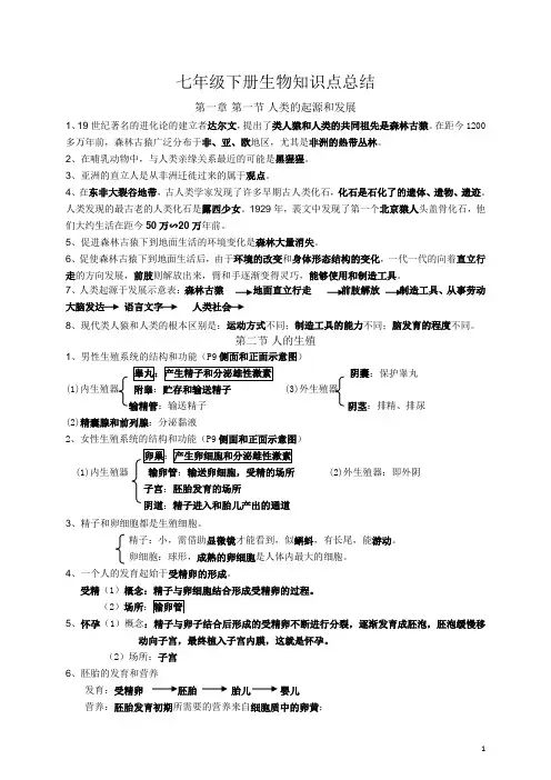 人教版七年级下册生物知识点总结