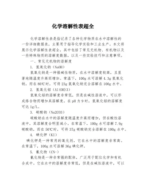 化学溶解性表超全