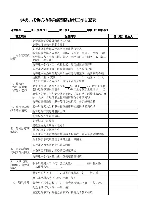 学校、托幼机构传染病预防控制工作自查表及自查情况报告