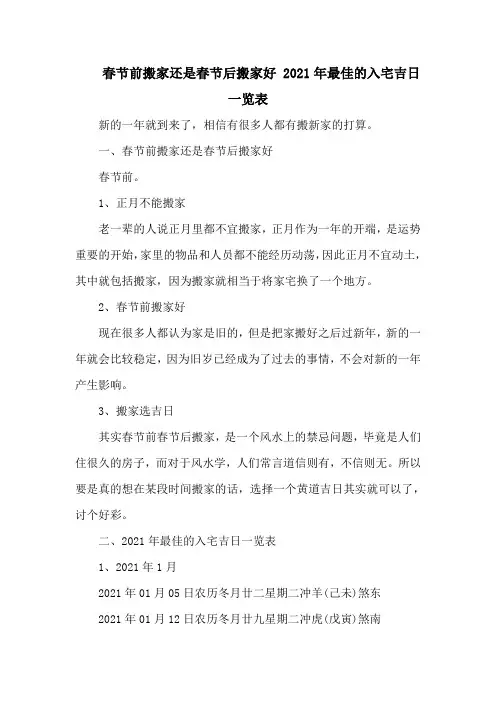 春节前搬家还是春节后搬家好 最佳的入宅吉日一览表