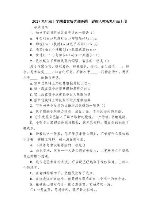 2017九年级上学期语文培优训练题  部编人教版九年级上册