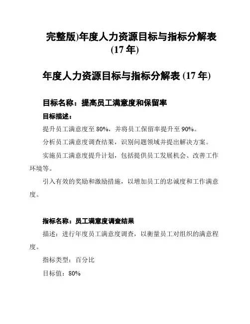 完整版)年度人力资源目标与指标分解表(17年)